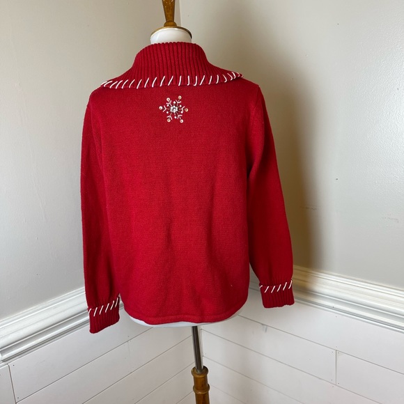 Star Blue Originals Red Cotton Snowmen Christmas Zip Front Cardigan M FREE SHIP - Picture 3 of 4